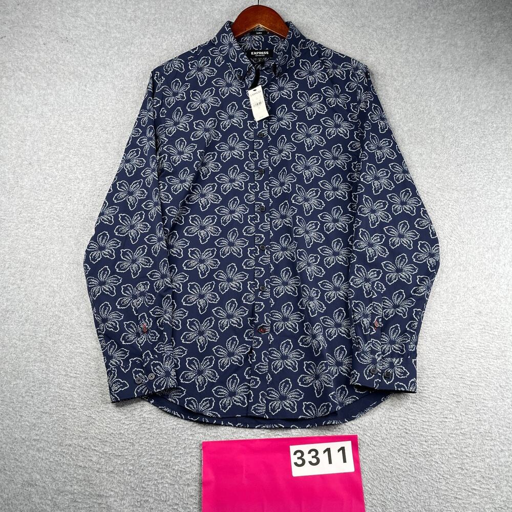 Express Performance Shirt Navy Blue Floral Classic Button Up Long Sleeve M NEW